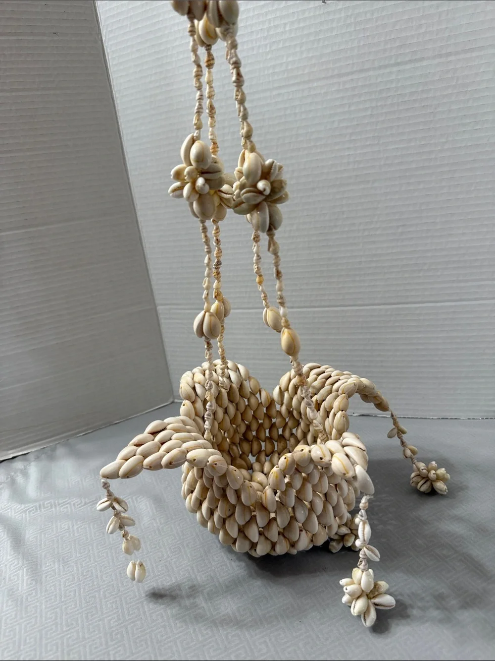 Vintage Cowrie Puka Shell Handcrafted Hanging Planter Basket Boho Coastal Decor